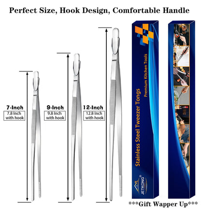 JETKONG Food Tweezers Precision Serrated Tips Kitchen Tweezers Professional Cooking Tweezer Tongs, Set of 3 (7 9 12 Inch, Silver)