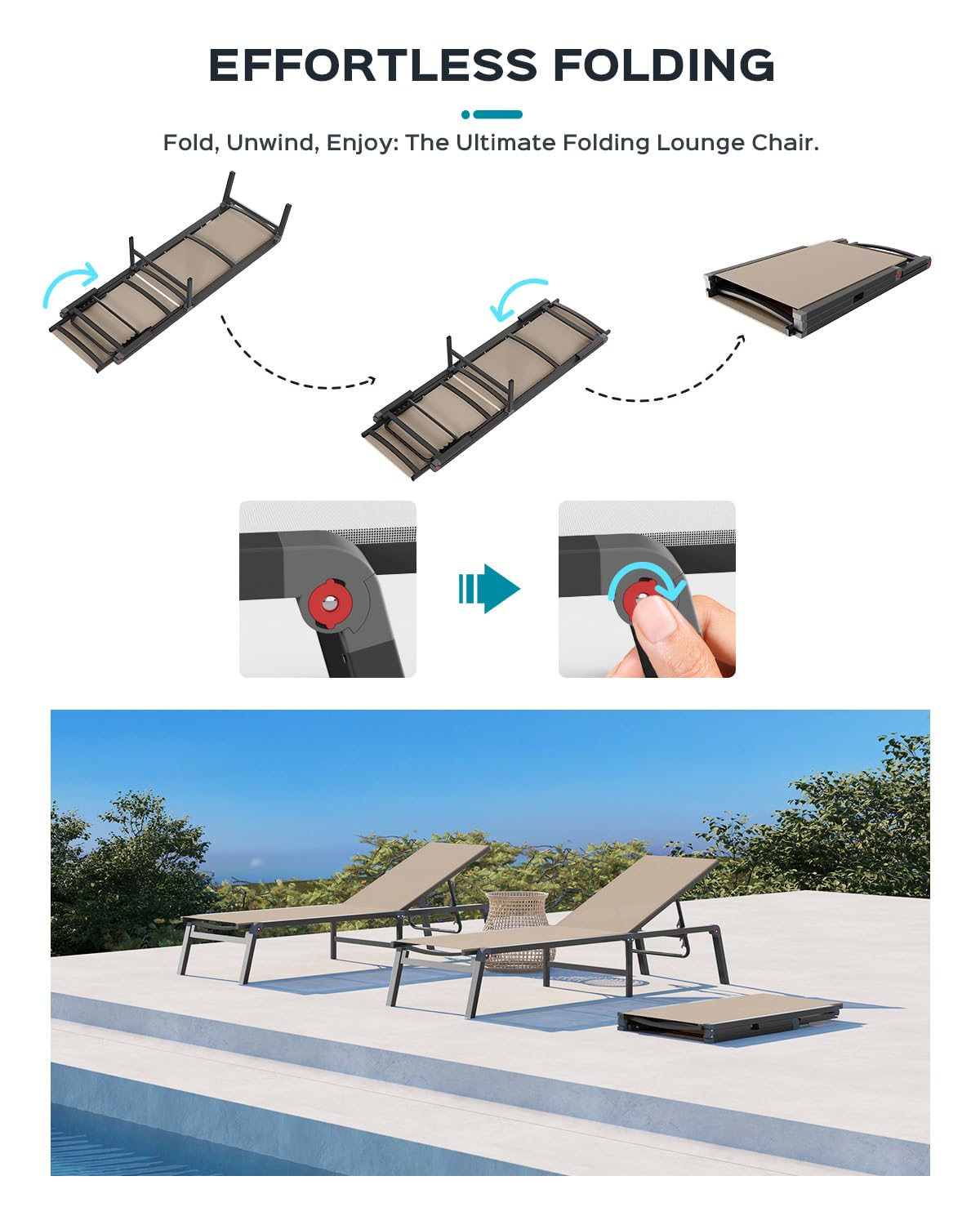 Ciokea Patio Chaise Lounge Chair, Foldable Lounge Chair for Outside, Aluminum Chairs Set of 2 with 5 Adjustable Backrest, Outdoor Pool Lounger for Poolside, Lawn, Deck, Khaki
