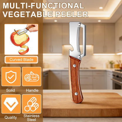 2pcs Premium Vegetable Peeler with Wooden Handle and Bottle Opener, Stainless Steel Blade Peelers for Kitchen Tool for Fruit Apple Potato Pumpkin Papaya