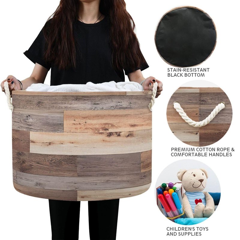 SDMKA Wood Floor Texture Laundry Hamper - Extra Large Storage Basket, 20" x 14", Blanket & Toy Basket, Decorative Cotton Rope Handle