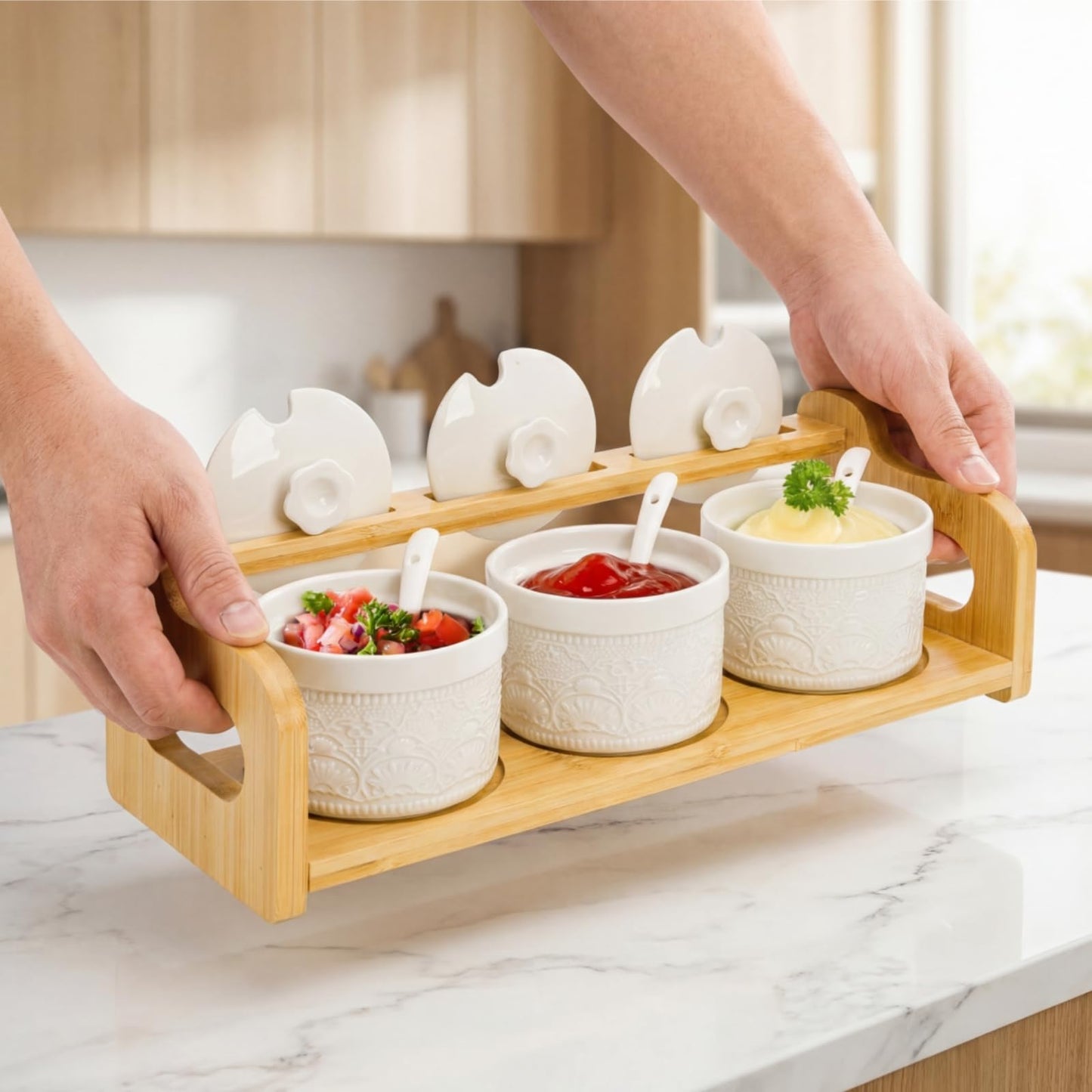 Acshio 10 Pack Sauce Serving Dish, 5 Oz Ceramic Chip Dip Sauce Bowls with Spoons Lids for Party, 3 Condiment Seasoning Jars with Bamboo Tray for Snacks, Appetizers, Sauces