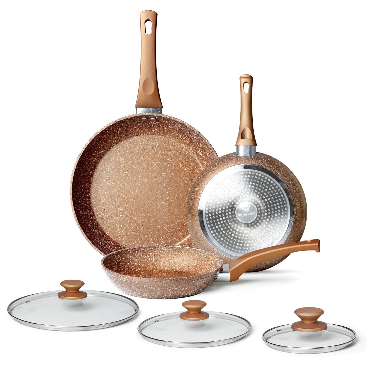 Healthy Nonstick Granite Cookware Set - 3 Pcs, Induction Skillets With Lids, PFOA Free, No Toxic Egg Omelette Frying Pan