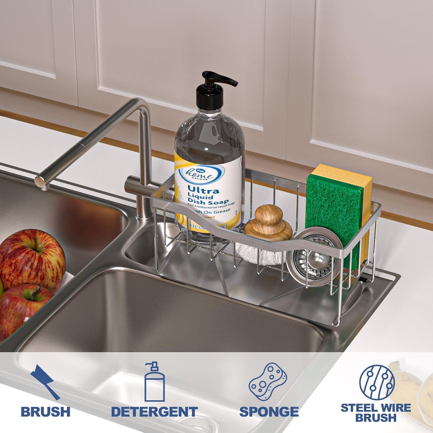 Counter (304 Vanwood Sponge Holder for Kitchen Sink with Auto Draining Tray, Sink Caddy Kitchen Sink Cocina Organizer