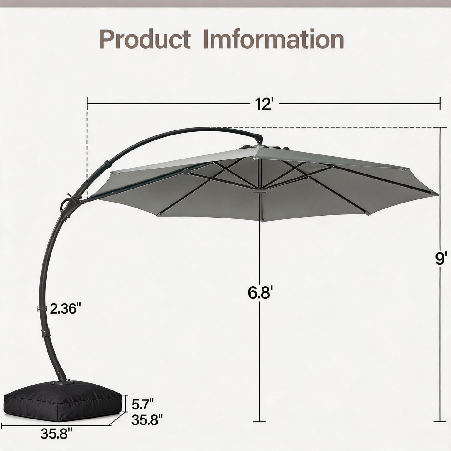 LAUSAINT HOME Outdoor Patio Umbrella with Base included, 12 FT Deluxe Curvy Cantilever Umbrella Heavy Duty Offset Hanging Umbrella with 360° Rotation for Market, Pool, Garden, Backyard, Deck (Grey)