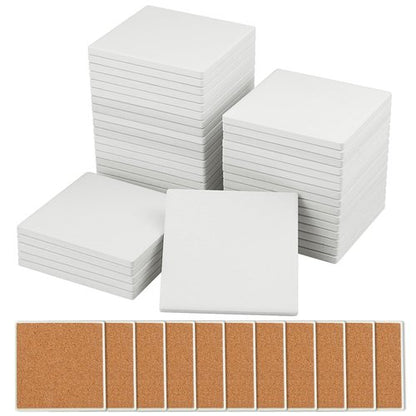 60 Pieces 4 Inch Blank Ceramic Coasters, Unglazed Ceramic Tiles Coasters, Ceramic Tiles with Cork Backing Pads for Painting, DIY Crafts, Mosaics, Square, White.by GNIEMCKIN