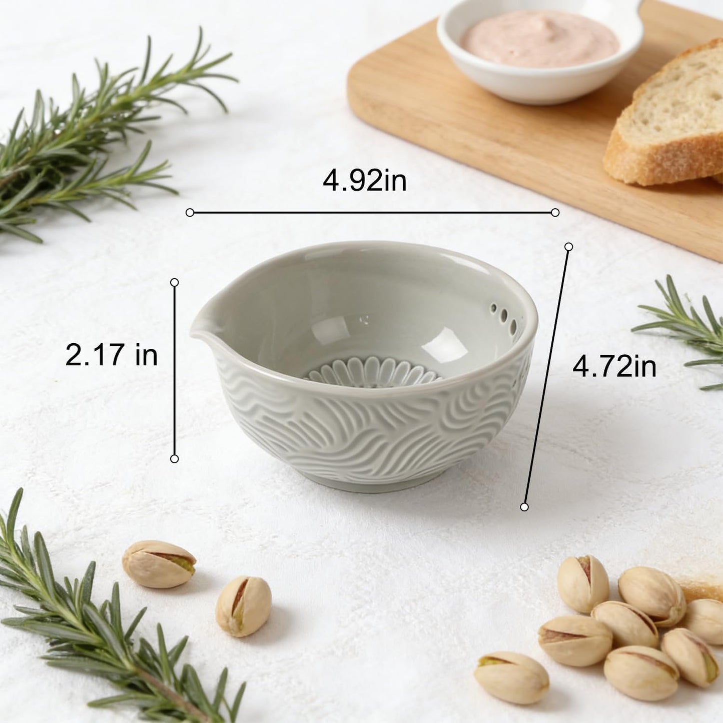 Ceramic Grater Bowl with Herb Stripper, 3 in 1 Handmade Ginger Grater Bowl, Garlic Grater Plate, Multi-Functional Kitchen Tools and Gadgets, for Garlic, Chocolate, Herbs, Etc
