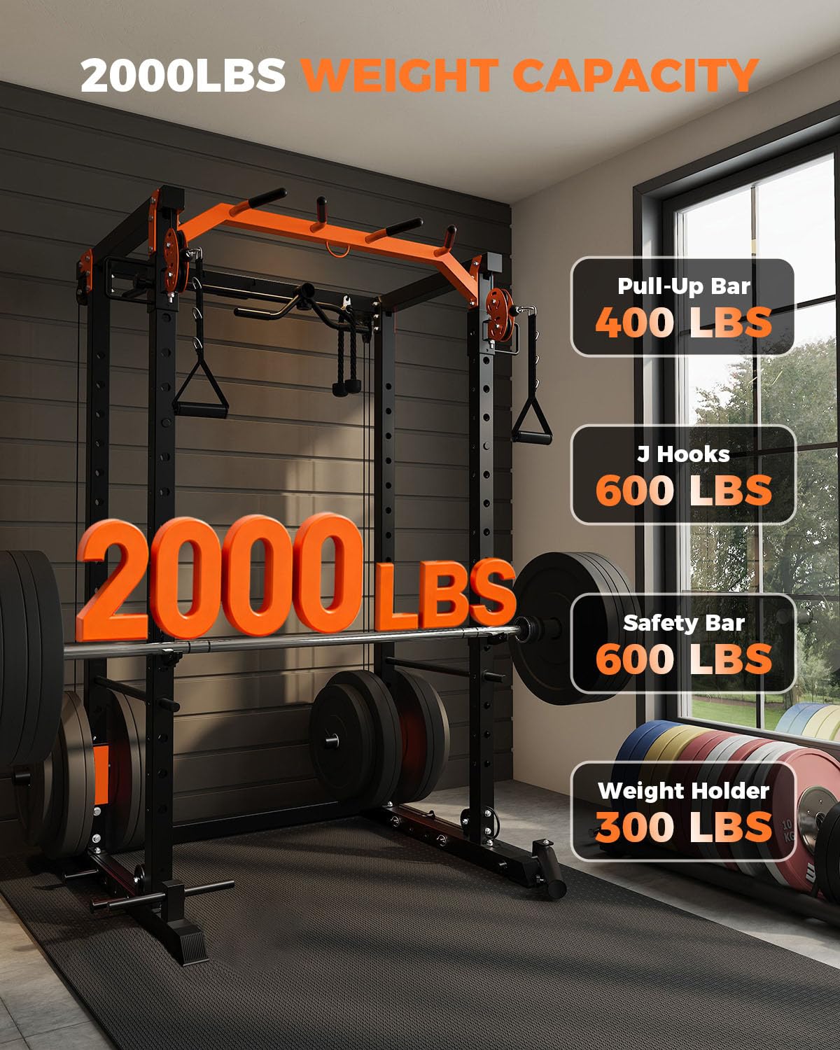 Power Cage, Power Rack with Cable Crossover System, 2000LBS Squat Rack with LAT Pull Down System, Workout Cage with Pulley System for Fitness Home Gym Strength Training, Orange & Black