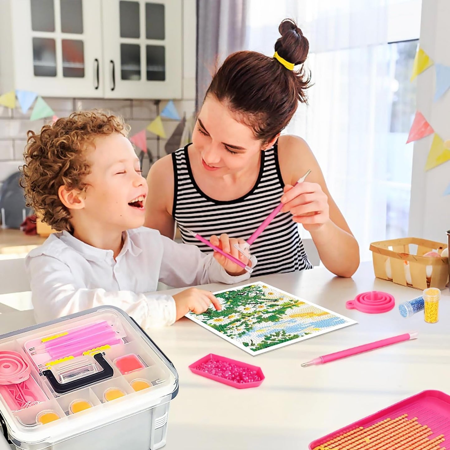 CXJINZE Diamond Painting Tools Accessories Storage-Kit - 111Pcs 5D Set Portable Tool Box with Handle Craft Jewelry Bead Storage Pink Box Art Trays for Diamond Painting Accessories and Tools