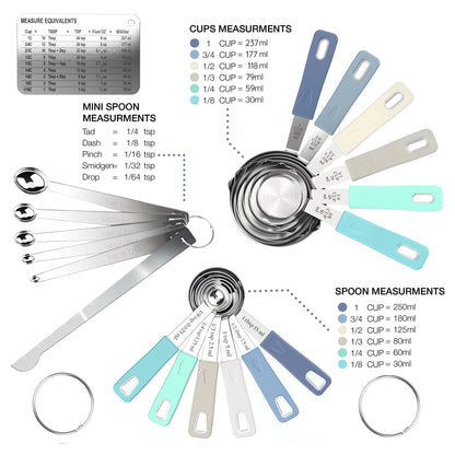 CuttleLab 22-Piece Stainless Steel Measuring Cups and Spoons Set, Tad Dash Pinch Smidgen Drop Mini Measuring Spoons, Measuring Stick Leveler, Measurement Conversion Chart Fridge Magnet, (Farmhouse)