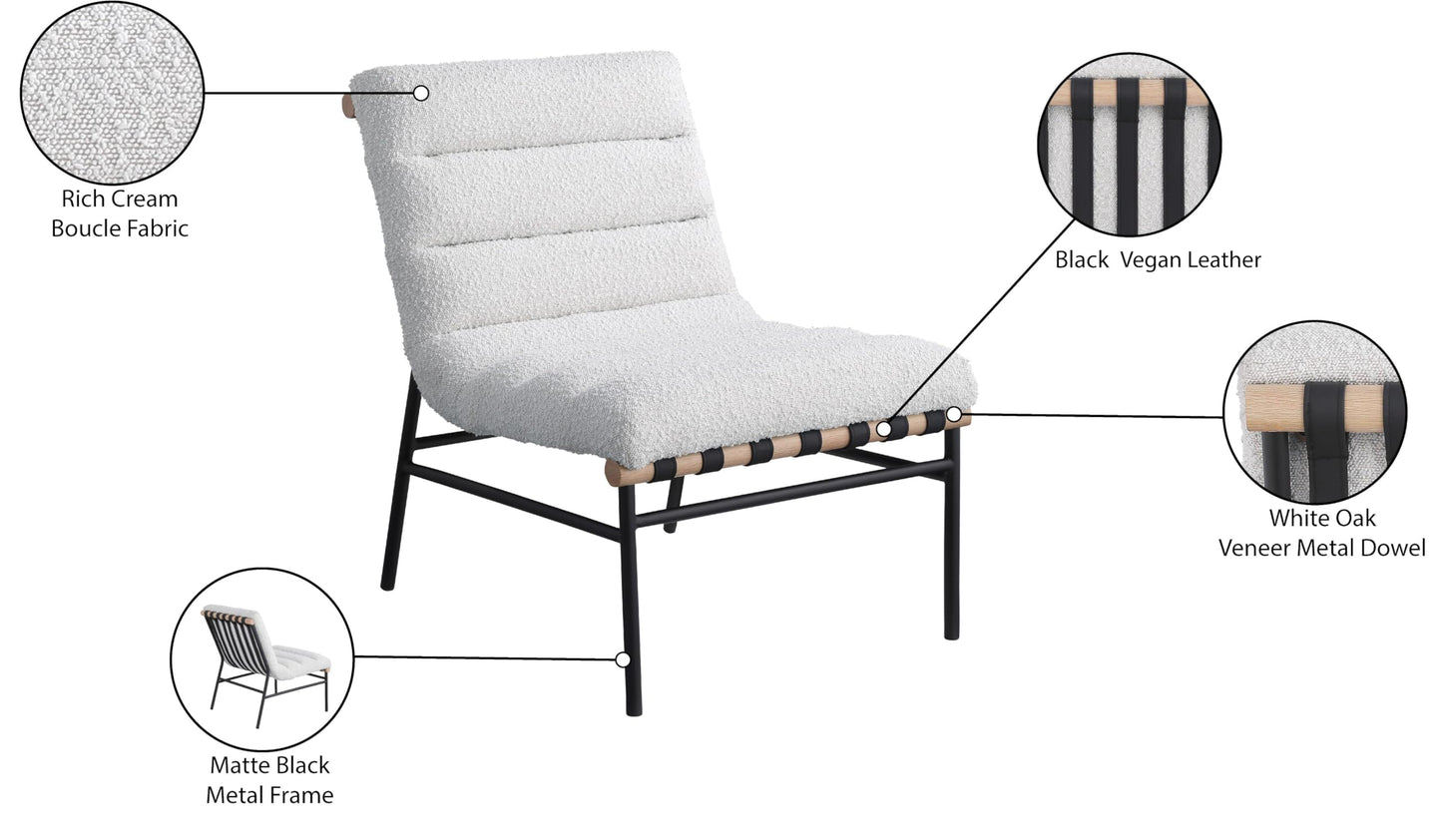 Meridian Furniture 411Cream Burke Collection Modern | Contemporary Accent Chair, Rich Cream Boucle Fabric, Black Vegan Leather Straps, Matte Black Metal Frame, 24.5" W x 29.5" D x 31.5" H, Cream