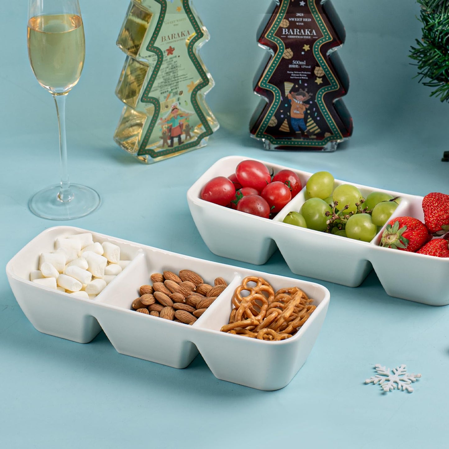LUFILUFI Ceramic Divided Serving Tray 11 Inch, 3 Compartment White Condiment Tray Set of 2, Stackable Chip and Dip Serving Dish for Entertaining, Appetizer Snack Platter for Party Holiday Game Day