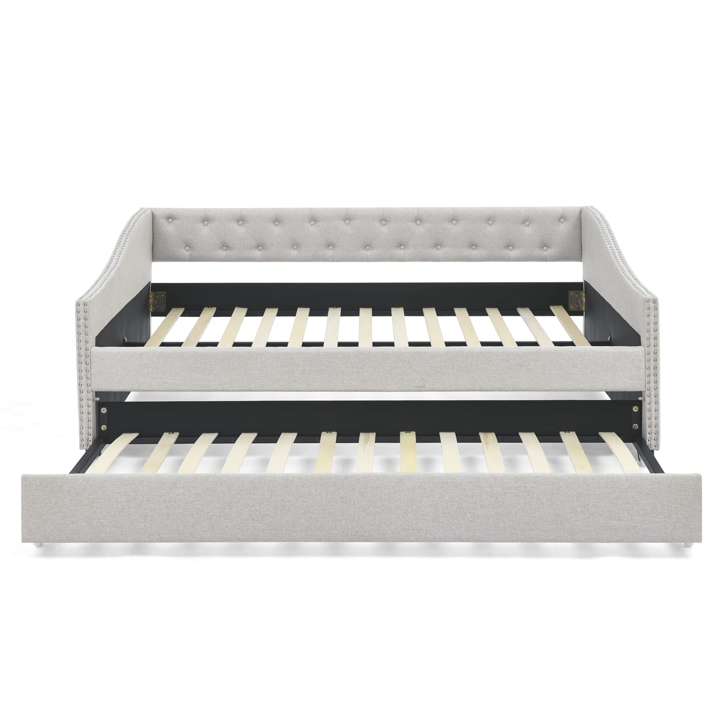 Favfurish Full Size Daybed with Twin Size Trundle, Upholstered Tufted Sofa Bed, with Nailhead Trim,with Button on Back,for Bedroom,Livingroom,Small Space,Beige (80.5''x55.5''x27.5'')