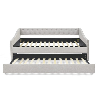 Favfurish Full Size Daybed with Twin Size Trundle, Upholstered Tufted Sofa Bed, with Nailhead Trim,with Button on Back,for Bedroom,Livingroom,Small Space,Beige (80.5''x55.5''x27.5'')