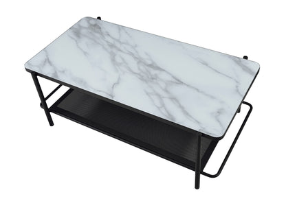 Furniture of America Basil Industrial Faux Marble Top Steel 2-Piece Coffee and End Tables Set with Open Shelves, Black and White