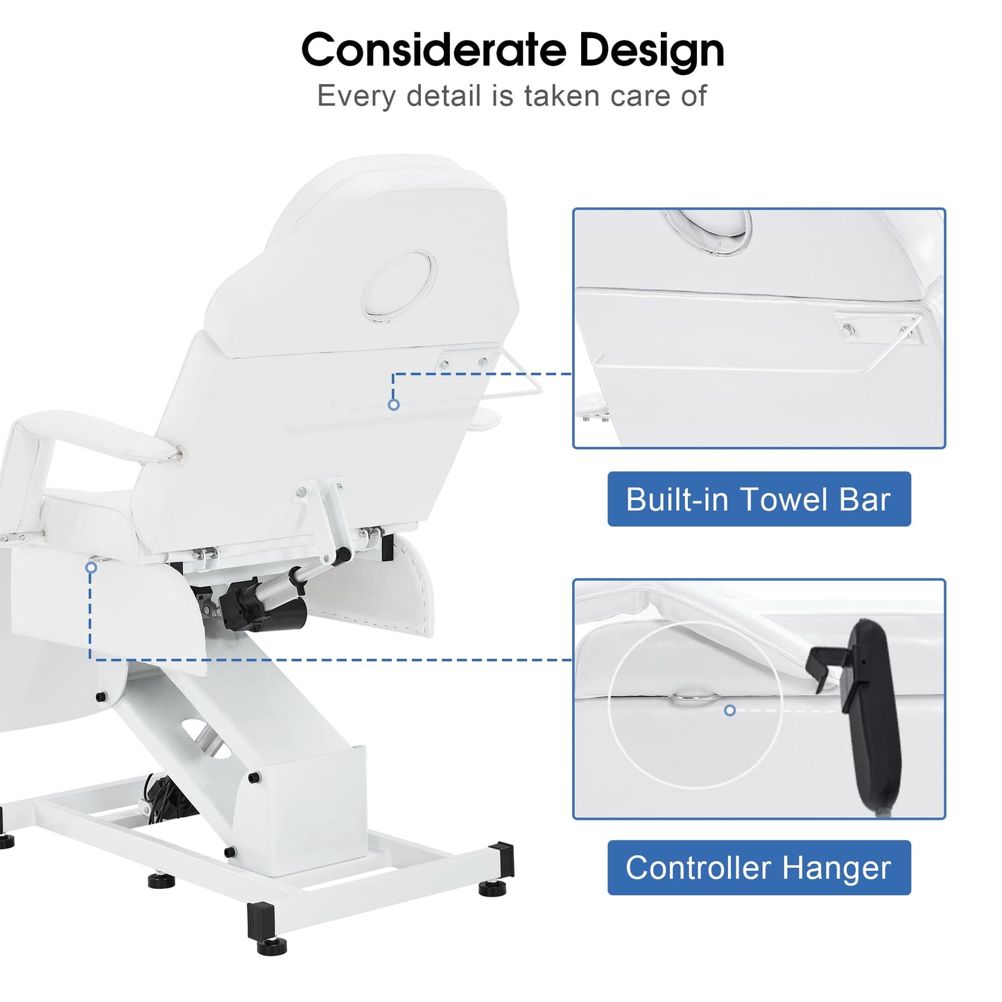 BarberPub Fully Electric Facial Bed with 3 Motor for Esthetician, Tattoo Chair for Client, Massage Bed for Esthetician, Electric Adjustment 2751 (White)