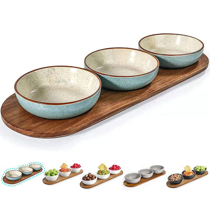 Artena 6oz Turquoise Solid Ceramic Chips and Dip Serving Platter with Acacia Wooden Tray, 4.5inch Glazing Small Serving Bowls/Dipping Dishes for Condiments,Side Dishes, Dipping, Pre, Dessert, Salsa