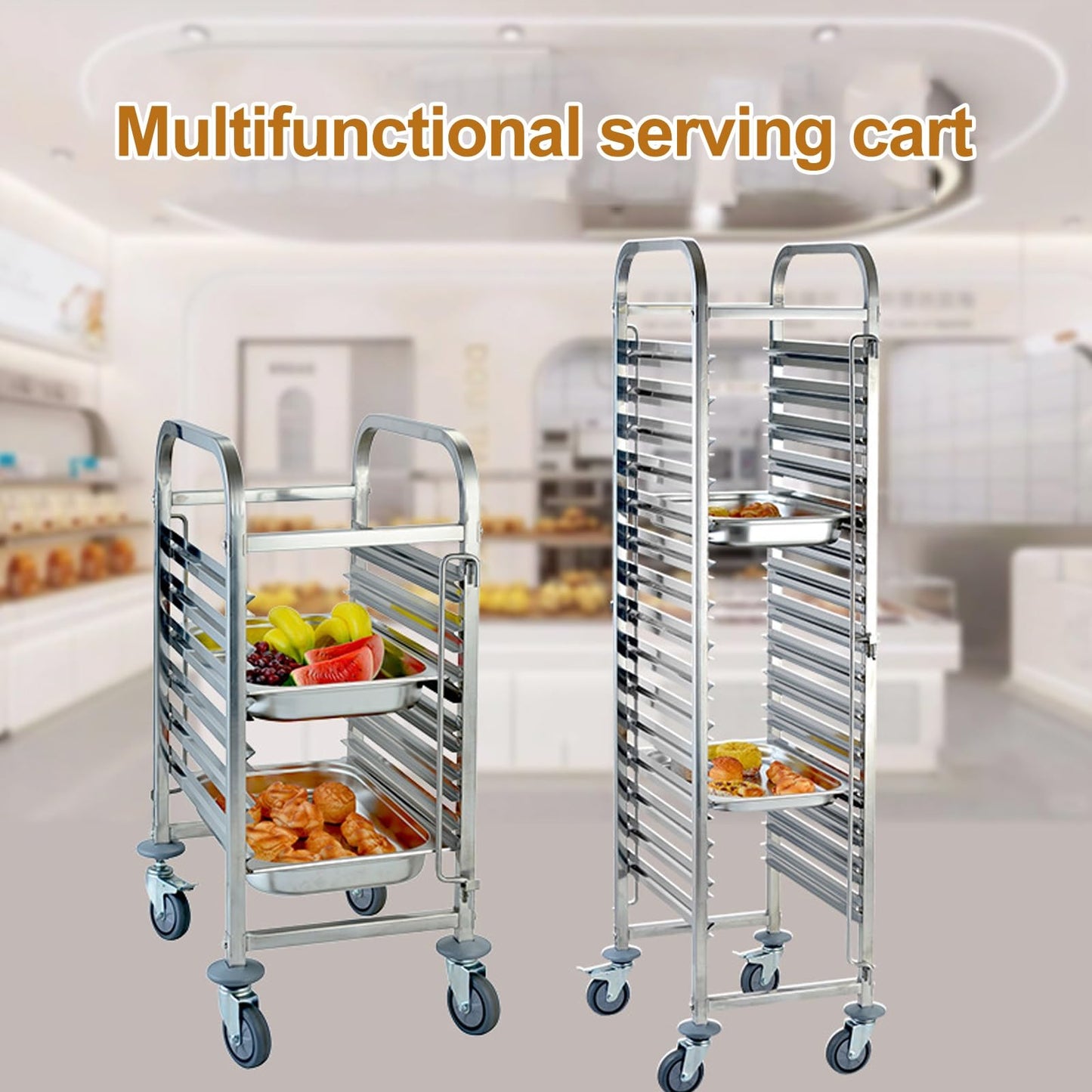 WRYsqbhjyb Stainless Steel Work Table, Kitchen Trolley Cart with Wheels, Bakery Rack Serving Cart with Brake for Kitchen Prep Work(Large)