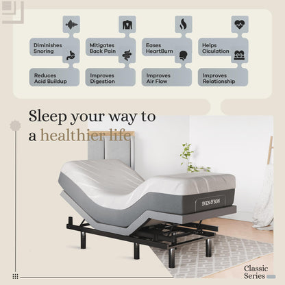 Sven & Son Classic Adjustable Bed Base, Head and Foot Lift, Massage, Under-Bed Lights, USB, Gel Memory, Zero Gravity Smart Frame - Twin XL + 14 inch Hybrid Spring Matt (Medium Soft)