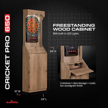 Arachnid Rustic Wood Cabinet: Freestanding LED Unit with E650 Electronic Board. Features 33 Games, 303 Variations, and 8-Player Scoring. Includes 6 Darts and Accessories for a Complete Setup