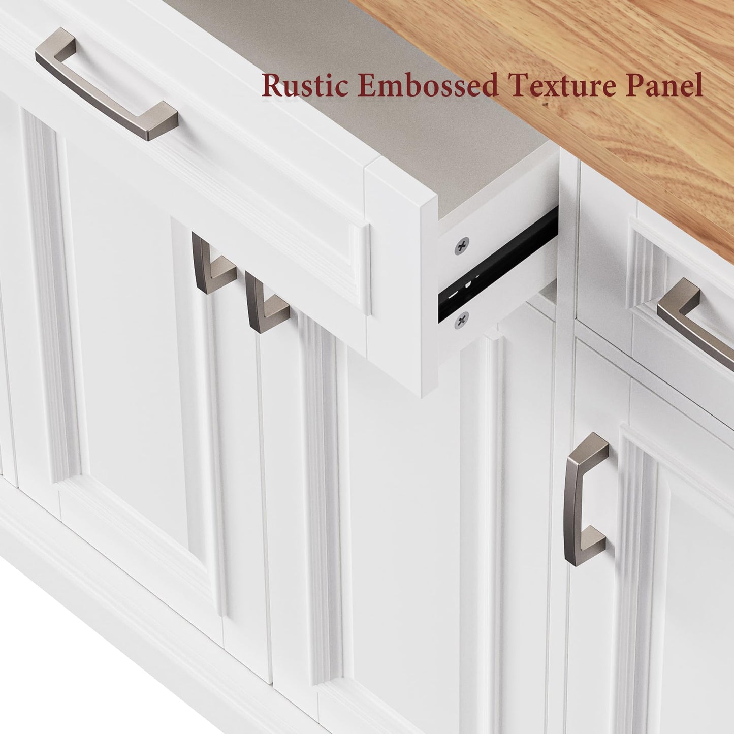 Ball & Cast Modern Large Kitchen Island with Rubber Wood Drop Leaf, Embossed Texture Rolling Cart on 4 Wheels W/4 Doors & 3 Drawers, Mobile Storage Kitchen Islands W/Storage for Dining Room,White,54"