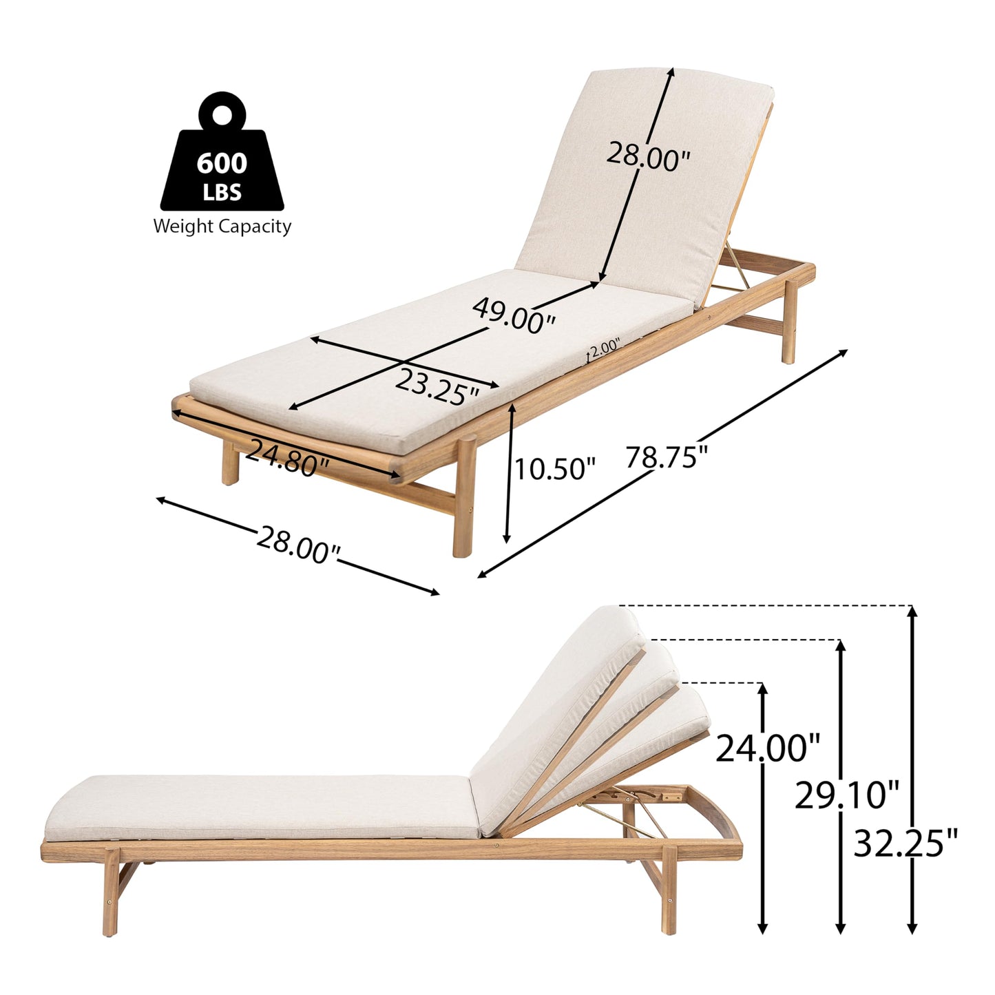 Christopher Knight Home Brolen Acacia Wood Chaise Lounge Chair Outdoor Set of 4, Patio Outdoor Chaise Lounge with Cushions, Adjustable Backrest Lounge Sofa, Wooden Sunbathing Pool Lounger, Teak+Beige