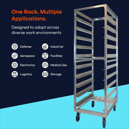 DCUBE 10 Level 6" Spacing Commercial Aluminum Pan Rack, Heavy-Duty Rack for Electronics & Pharma, Mobile Clean Room Rack with Wheels & 2 Locking Casters, Knock-Down Speed Rack, 20.5"x26"x70"