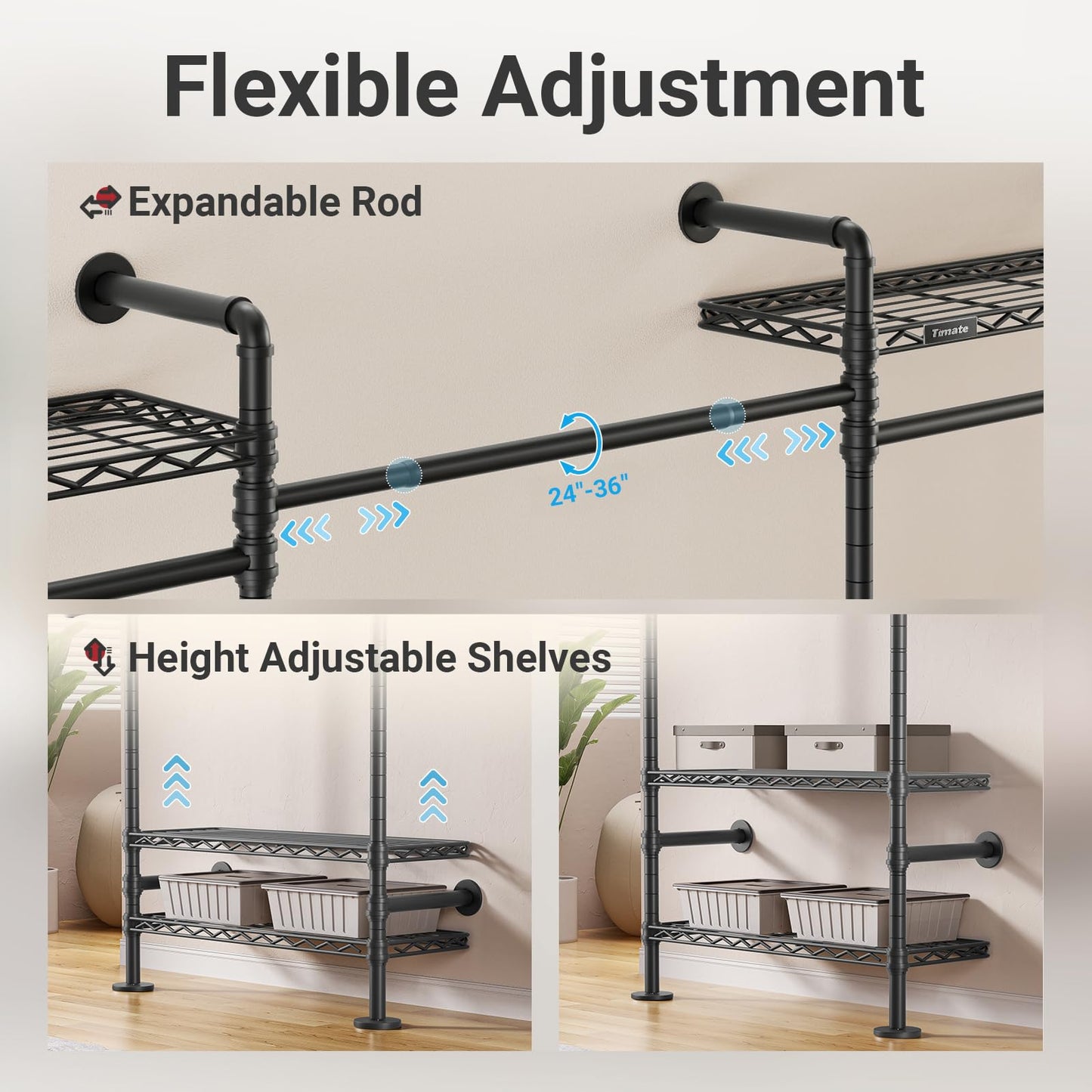 Timate U5 Expandable Wall Mounted Clothes Rack, Walk in Closet, Heavy Duty Industrial Pipe Clothing Rack with 4 Expandable Hanger Rods & 8 Adjustable Shelves, Fits Spaces 8'- 10', Black