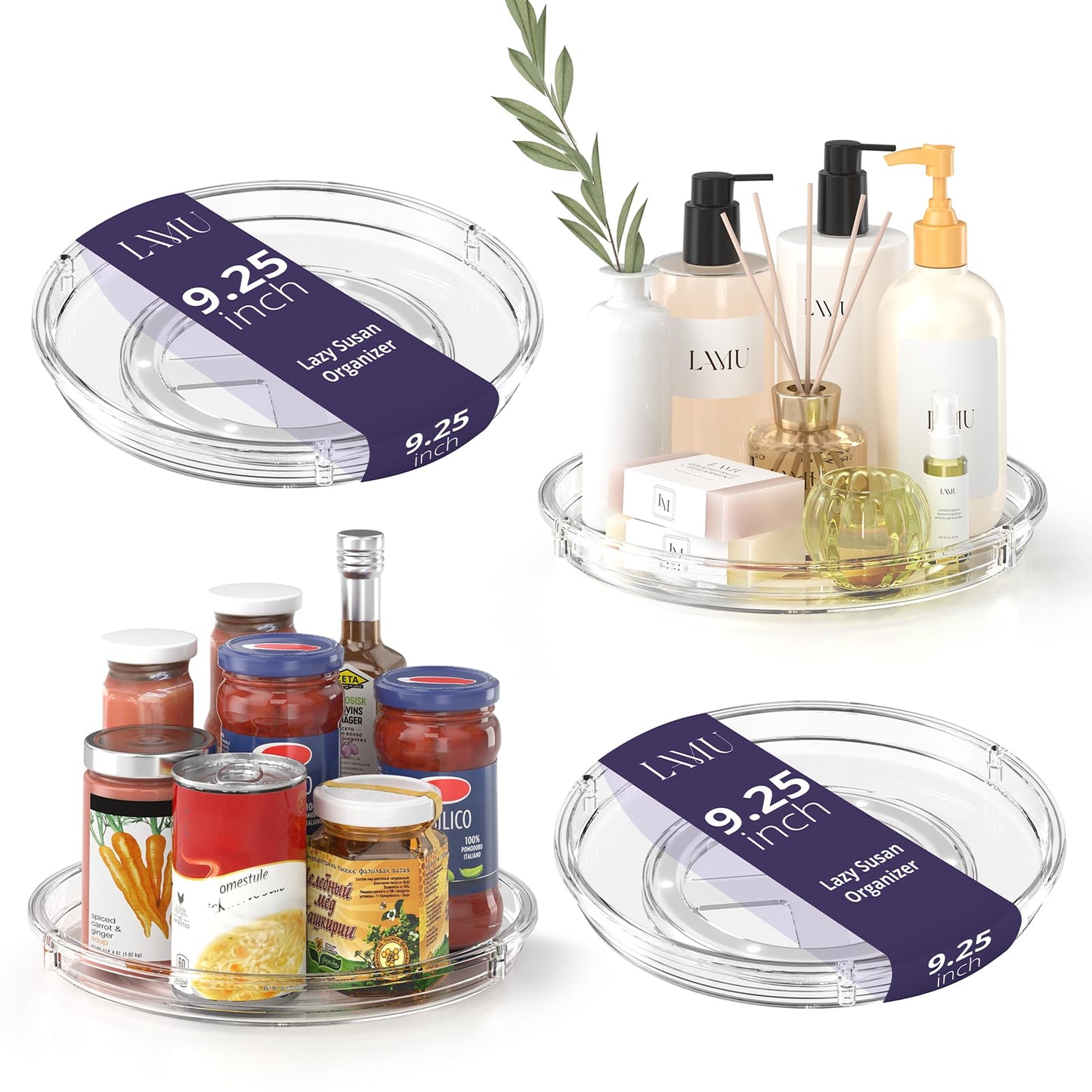 LAMU 4 Pack 9.25in Lazy Susan Organizer, Clear Lazy Susan Turntable for Cabinet, Refrigerator, Table Top, Kitchen, Bathroom, Pantry Organizers and Storage