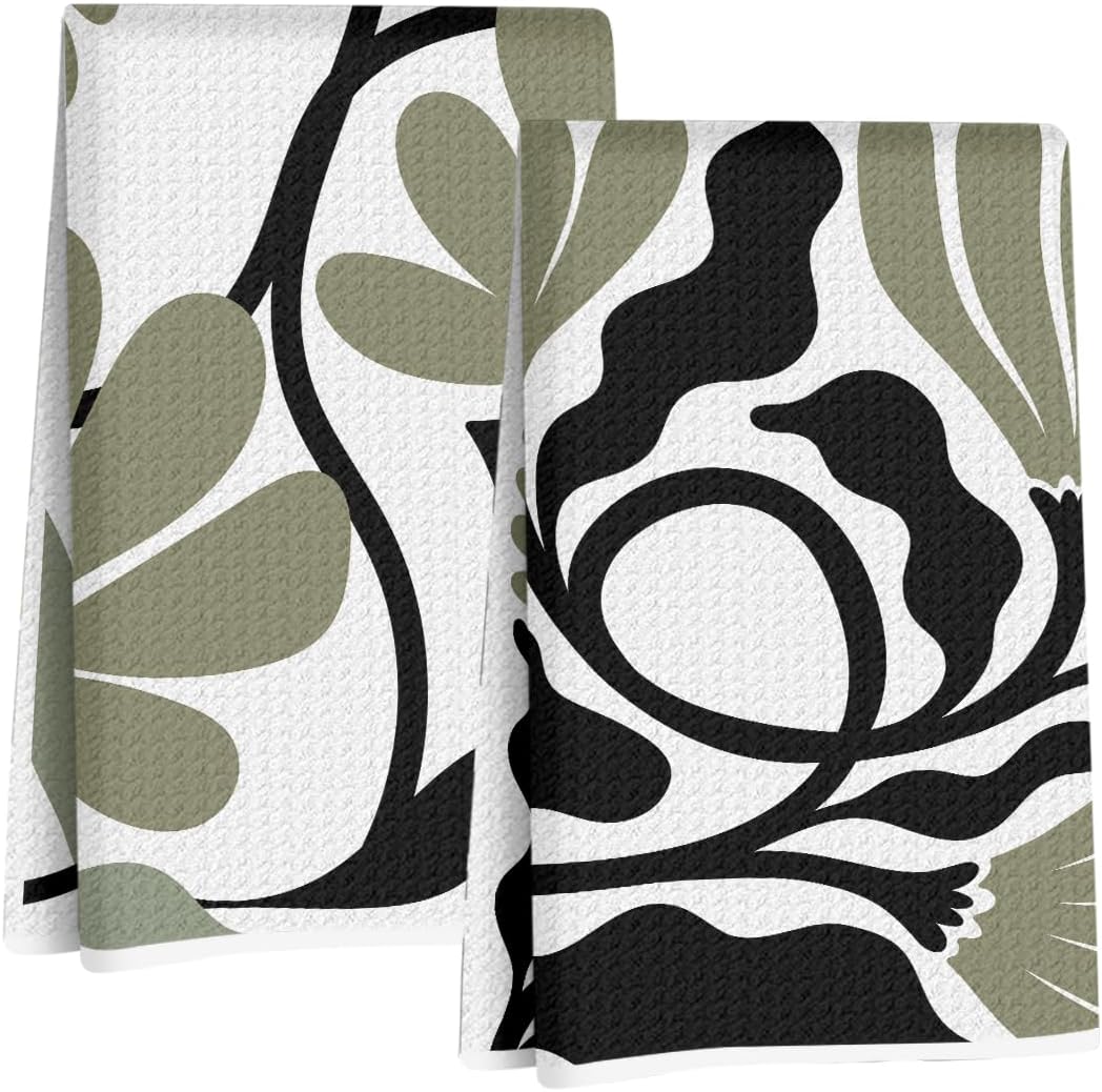 Jztco 2Pcs 24x14 Inch, Abstract Floral Kitchen Towels Boho Style Sage Green Flower Hand Towels for Kitchen Home Decor