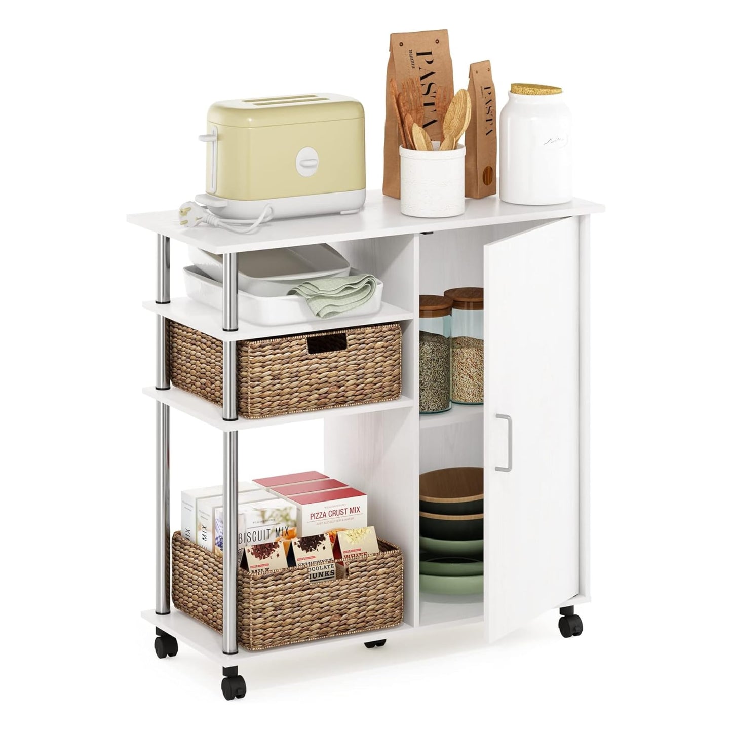 Oakestry Helena Four Tier Kitchen Island Storage Cart Wheels White Oak Stainless Steel Utility Trolley Organizer Modern Rolling Furniture