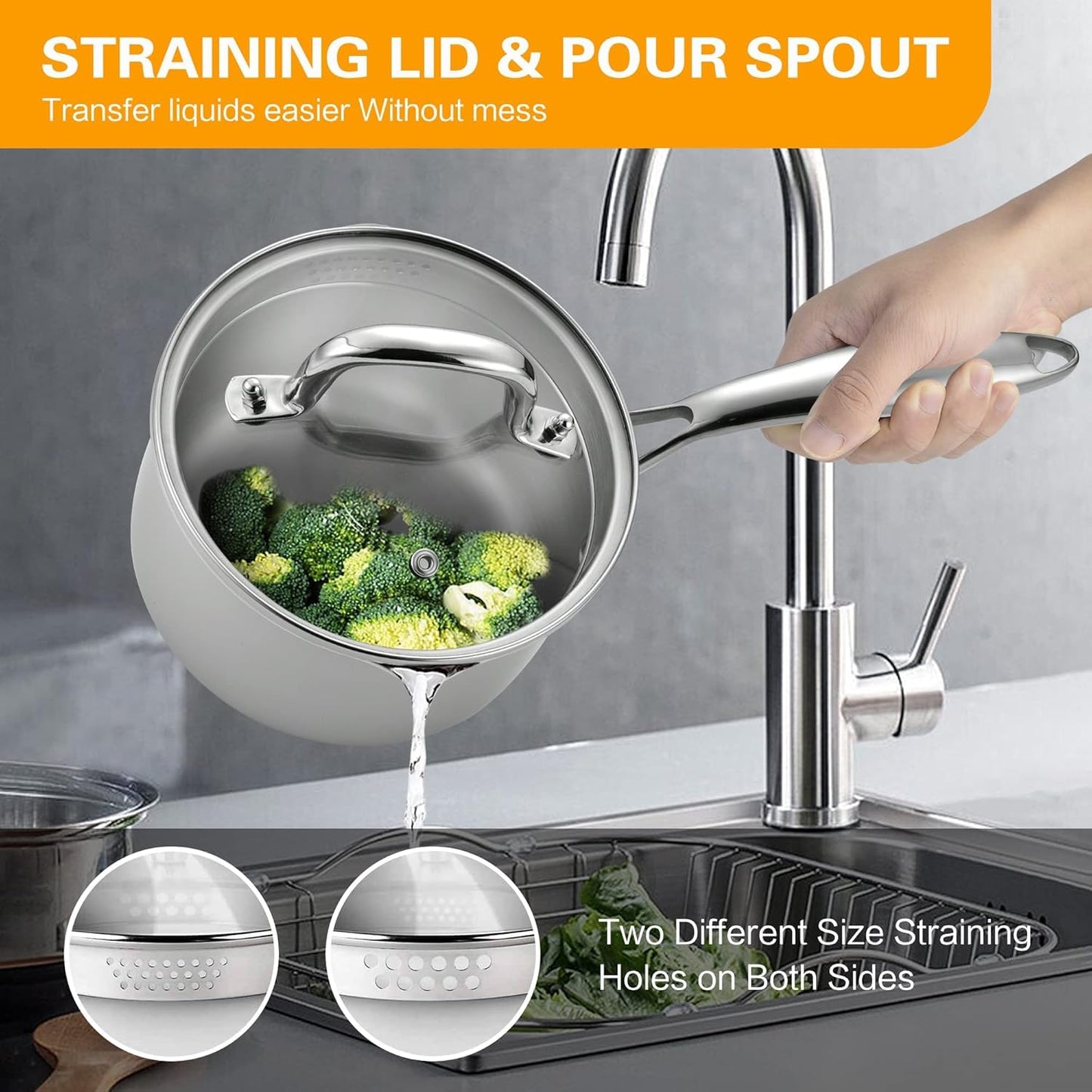 Tri-Ply Stainless Steel Sauce Pan with Steamer Basket & Straining Glass Lid — Heavy-Duty,Thick Base,Rust-Resistant,Warp-Free —100% Food-Grade —Built to Last– Works with All Stovetops, Pasta Pot 2 QT