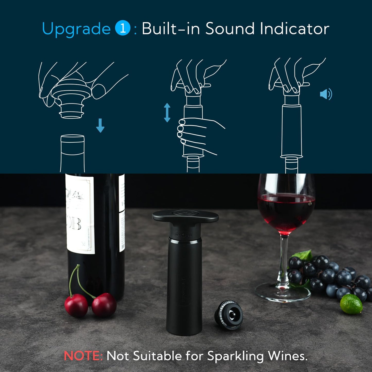 KITCHENDAO Wine Saver Pump with Sound Indicator, 4 Vacuum Wine Stoppers and Storage Box, Reusable Wine Stoppers Preserver to Keep Wine Fresh - Designed with U.S. Patent