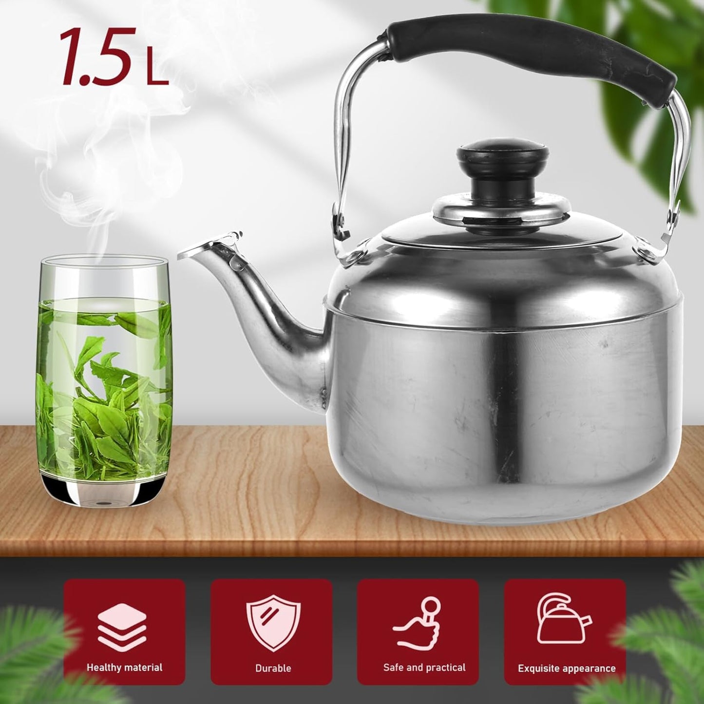 KALLORY 1pc Stainless Steel Teapot, Water Kettle for Stove Top Camping