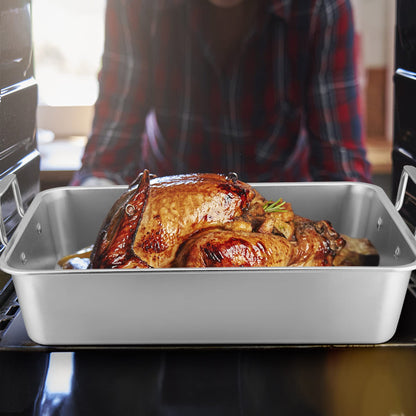 Leonyo Large Turkey Roasting Pan with V-shaped Rack, Rectangular 16 x 11.5 Inch Stainless Steel Turkey Roaster Pan with Rack Heavy Duty for Chicken Lasagna Vegetables Brownie, Dishwasher Safe, 2Pcs