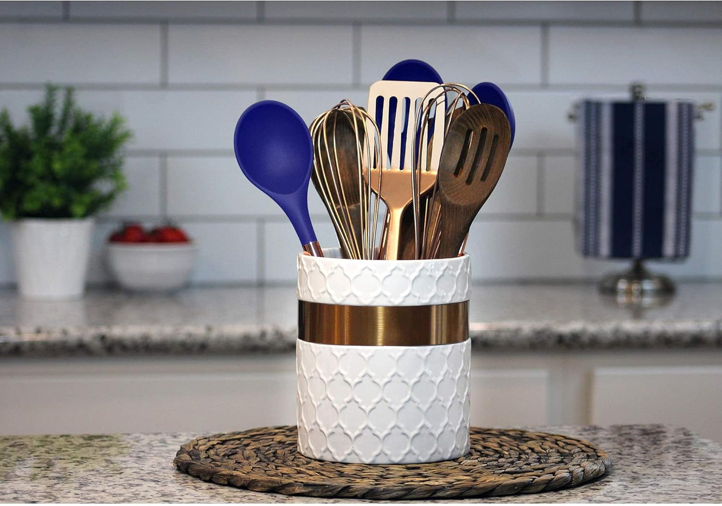 Home Acre Designs Large Ceramic Farmhouse Kitchen Utensil Holder, White/Copper Countertop Crock