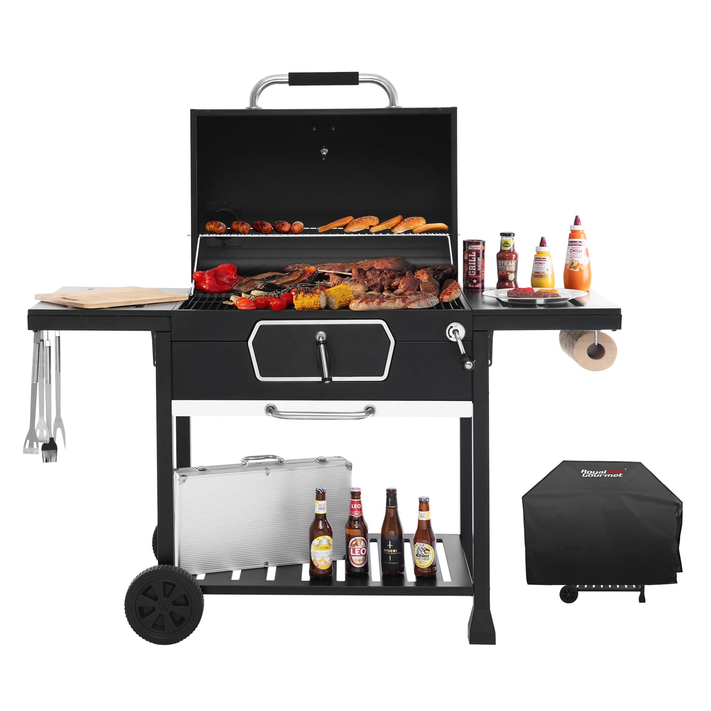 Royal Gourmet CD2030AC Deluxe 30-Inch Charcoal Grill with Cover, Large BBQ Grill with Collapsible Side Tables for Outdoor Picnic Camping Patio Backyard Cooking, Black