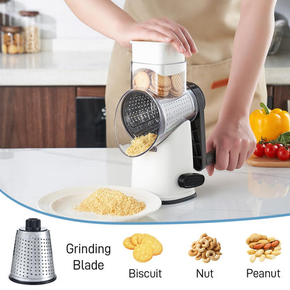 VEKAYA Rotary Cheese Grater Hand Crank with 4 Interchangeable Stainless Steel Blades, Large Manual Handle Shredder and Waffle Slicer for Vegetables, Cheese and Nuts with Table Suction Base(White)