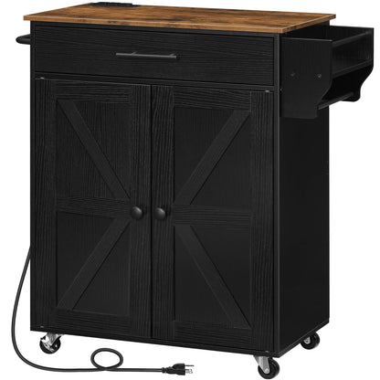 HOOBRO Kitchen Island with Power Outlet, Rolling Kitchen Island with Large Worktop, Kitchen Island Cart with Spice Rack and Drawer, Island Table for Dining Room, Rustic Brown and Black BF88UZD01