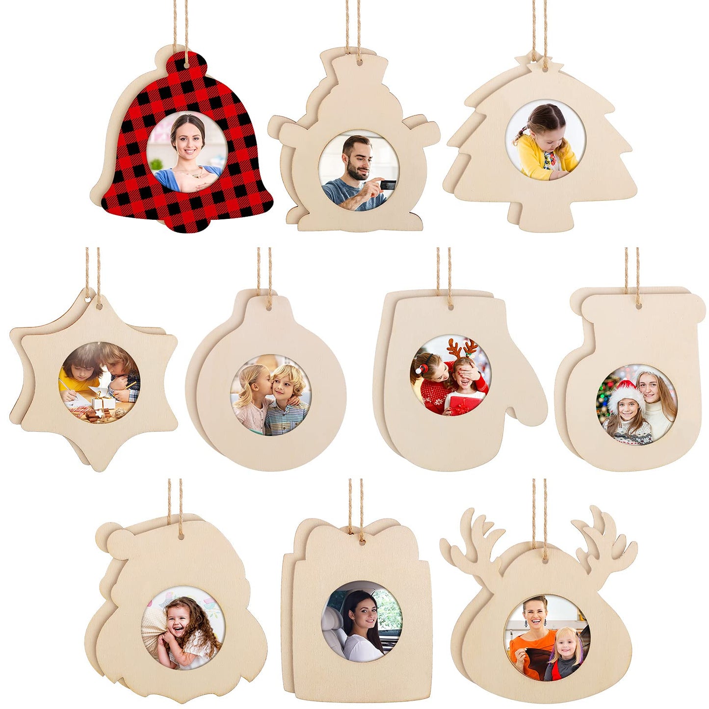 20 Pieces Christmas Wooden Photo Frame Ornaments Crafts Wood Picture Frame Ornaments Pack to Paint DIY Christmas Decor for Crafts Holiday Presents Home Tree Decoration(Cute Style)