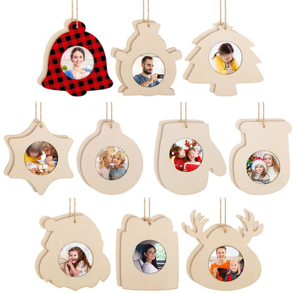 20 Pieces Christmas Wooden Photo Frame Ornaments Crafts Wood Picture Frame Ornaments Pack to Paint DIY Christmas Decor for Crafts Holiday Presents Home Tree Decoration(Cute Style)