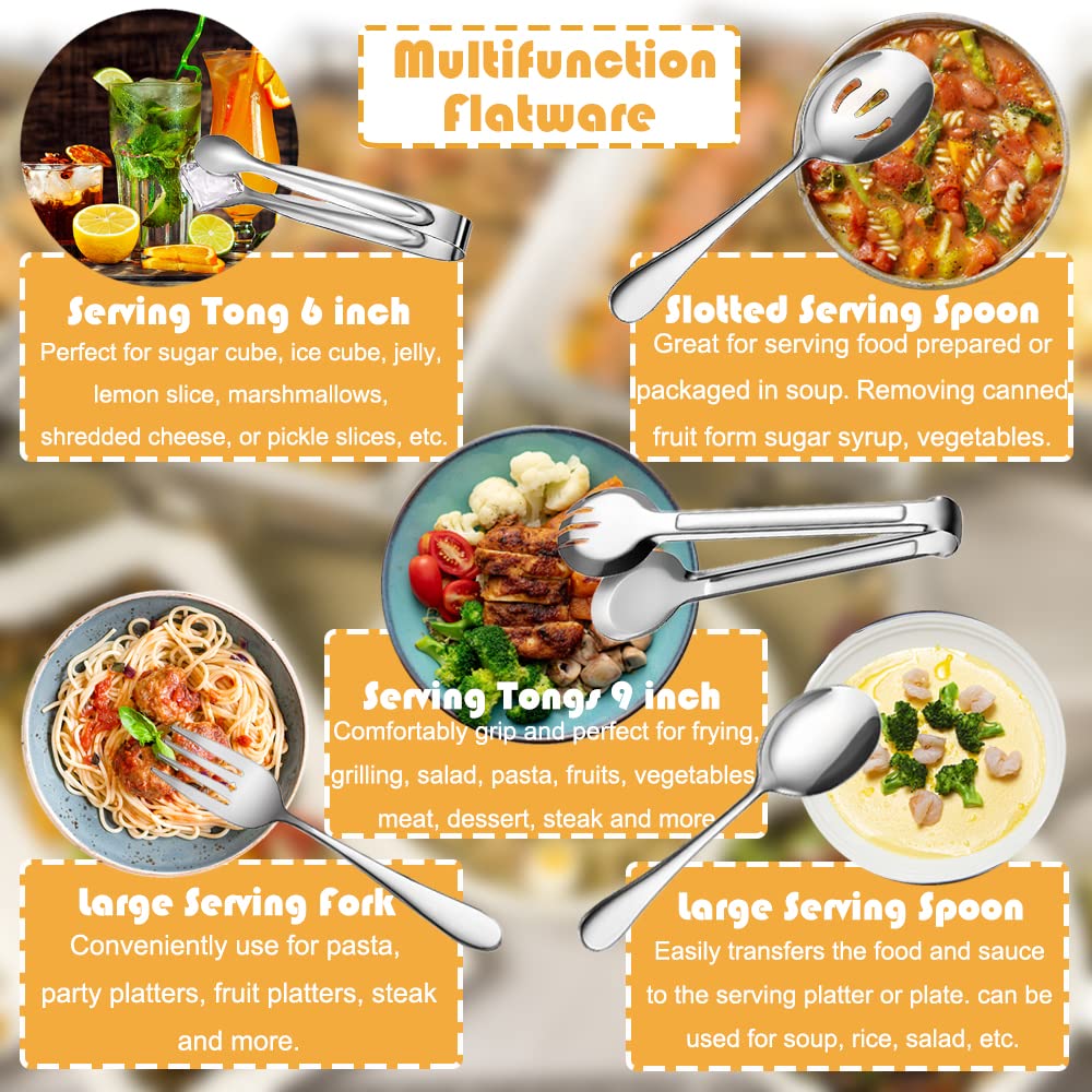 IAXSEE 10 PCS Stainless Steel Serving Utensils, Large Serving Spoons Slotted Spoons, Serving Forks, Serving Tongs, Ice Suger Tongs, Metal Utensils Set Great for Buffet Catering Banquet Party (silver)