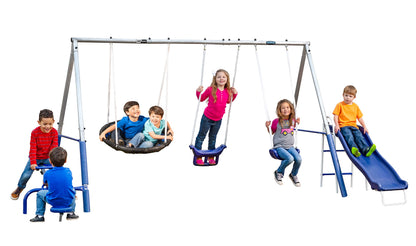 Free N Swing - 7 User / 5 Station Swing Set, Outdoor for Kids with 5' Slide. Easy Assembly Playground Set with Galvanized Metal Frame for Backyards, 168" L x 91" W x 74" H, by XDP Recreation