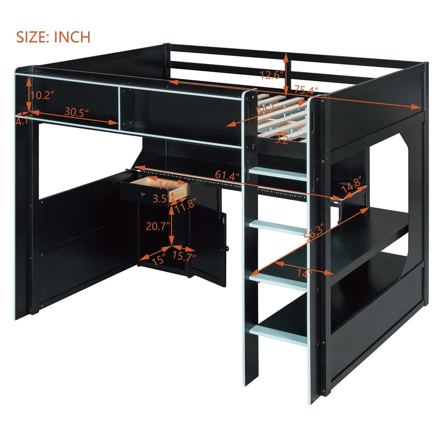 Merax Full Size Gaming Loft Bed with Integrated Desk and Lights, Modern Wooden Bed Frame with Desk and Built-in Charging Station, Black+Blue