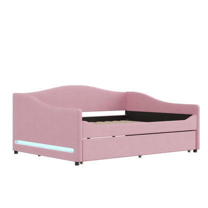 Acosure Teddy Fleece Full Size Upholstered Daybed with LED Light and Trundle,Modern Wood Platform Bed W/Side Stripes,Easy Assembly,for Bedroom,Living Room,Guestroom,Beige