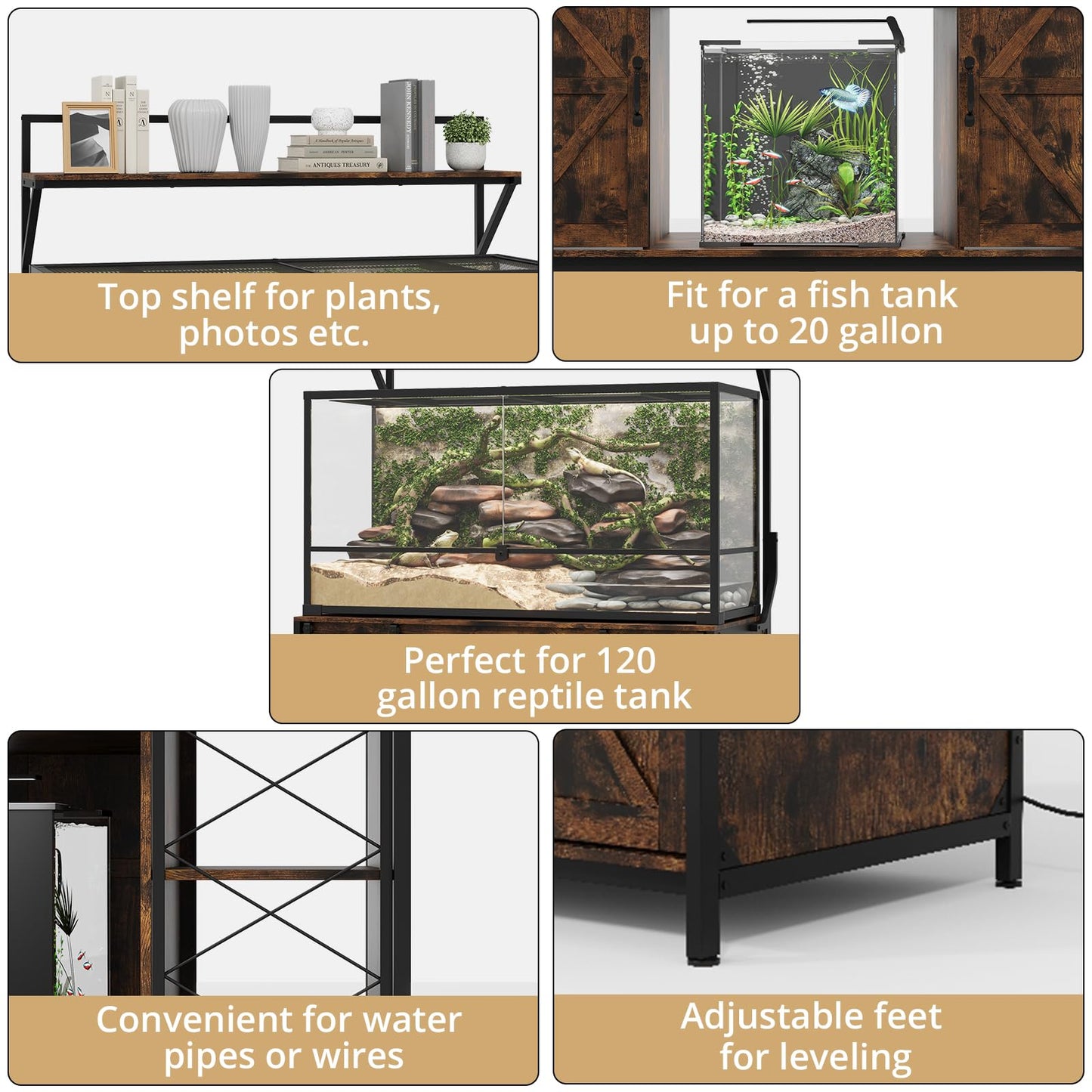 VOWNER Farmhouse Reptile Tank Stand with Power Outlet, 48" X 24" Tabletop Fits up 120 Gallon Bearded Dragon Tank, Heavy Duty Aquarium Stand with Storage Cabinet, Reptile Turtle Terrarium Stand Brown
