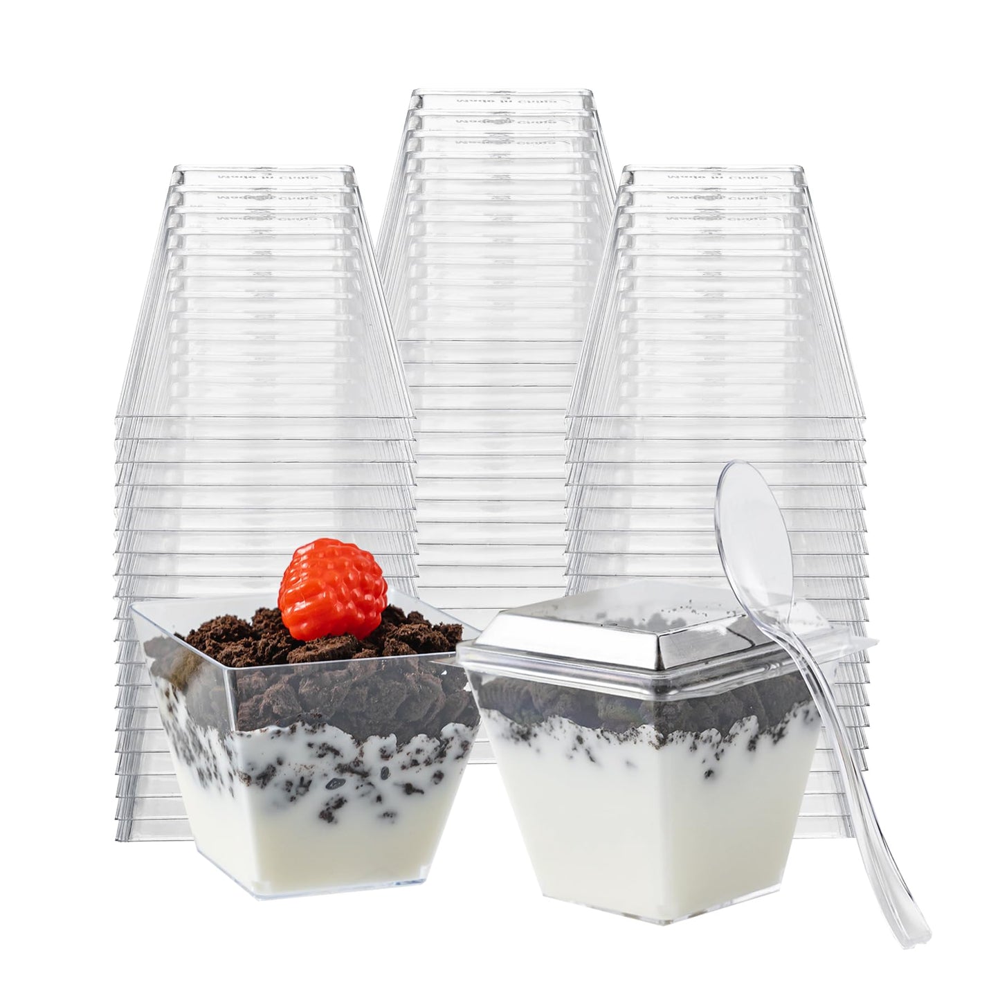 HOMIP 60Pack 4oz Plastic Dessert Cups with Lids and Spoons, Mini Plastic Parfait Cups for Parties, Clear Square Cups for Appetizer Cake Ice-cream