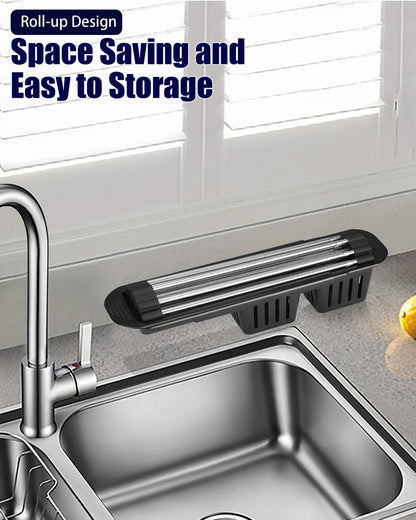 CLNGAI Roll Up Dish Drying Rack,Expandable Over The Sink Dish Drainer,Stainless Steel Kitchen Rolling Sink Rack with Utensil Holder,Length Up to 22.3" (Black)