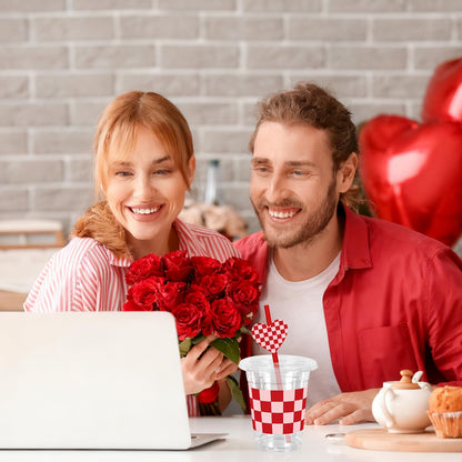 JarThenaAMCS 50Pcs Valentine's Day Plastic Cups with Lids Straws Drinking Cup 12oz Pink Red Checkered Heart Disposable Cups for Wedding Anniversary Valentine Party