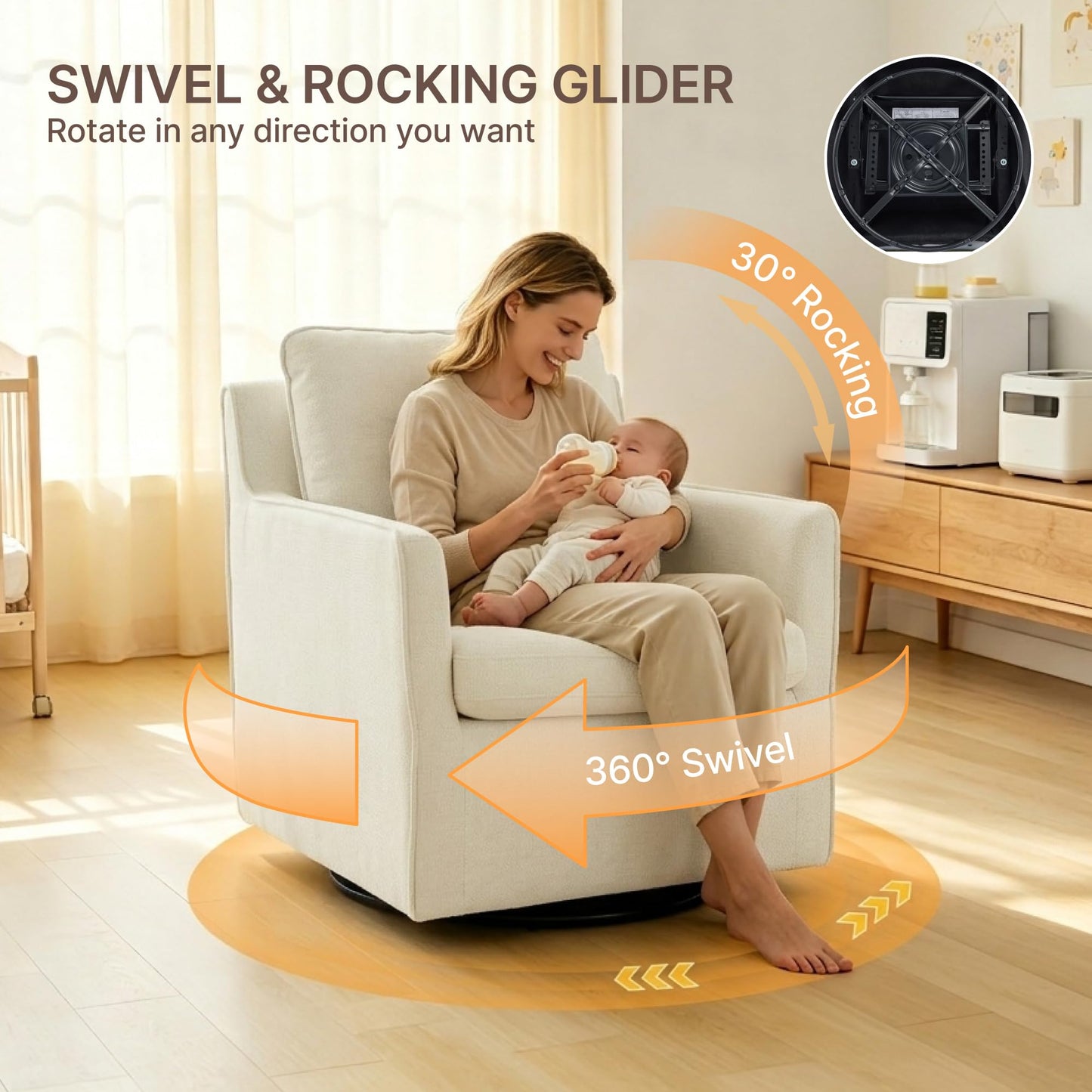KISLOT Swivel Accent Chair Rocking Recliner 360 Degree Swivel Armchair Machine-Washable Cover for Nursery Living Room Bedroom