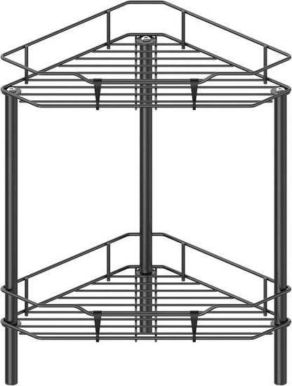 HuggieGems Corner Shower Caddy Organizer - 2 Tier Floor Standing Shelf with Hooks | Black Finish